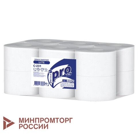 Бумага туалетная 200 метров, PROtissue (T2) LITE, 1-слойная, белая, КОМПЛЕКТ 12 рулонов, С231 114328 - фото 323719