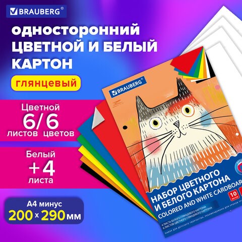 Набор картона БЕЛЫЙ + ЦВЕТНОЙ А4 мелованный, 10 листов (белый 4 листа + цветной 6 листов), в папке, BRAUBERG, 116630 116630 - фото 324132