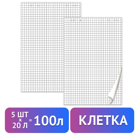 Блокноты для флипчарта ПЛОТНЫЕ 80 г/м2, BRAUBERG, 67,5х98 см, КОМПЛЕКТ 5 шт., 20 л., клетка, 124097 124097 - фото 324352