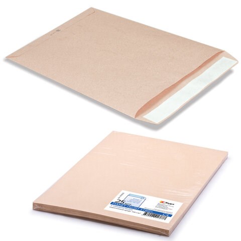 Конверт-пакеты С4 плоские (229х324 мм), до 90 листов, крафт-бумага, отрывная полоса, КОМПЛЕКТ 25 шт., 161150.25 124235