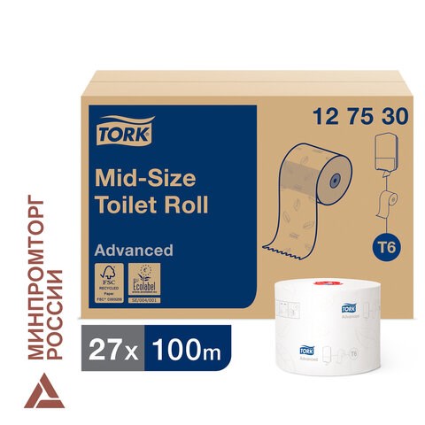 Бумага туалетная 100 м, TORK (Система Т6), комплект 27 шт., Advanced, 2-слойная, белая, 127530 126135