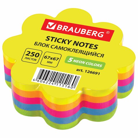 Блок самоклеящ. 67*67 мм BRAUBERG фигурный НЕОНОВЫЙ, в форме цветка, 250 л, 5 цветов, 126691 126691 - фото 324502