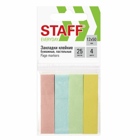 Закладки клейкие пастельные STAFF бумажные, 50х12 мм, 100 штук (4 цвета х 25 листов), европодвес, 127147 127147 - фото 324544
