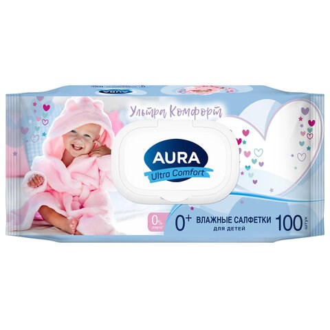 Салфетки влажные КОМПЛЕКТ 100 шт., для детей AURA Ultra comfort, гипоаллергенные, без спирта, крышка-клапан 127500 - фото 324552