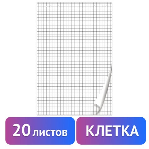 Блокнот для флипчарта ПЛОТНЫЙ 80 г/м2, BRAUBERG, 67,5х98 см, 20 листов, белый (КЛЕТКА), 128645 128645 - фото 324588