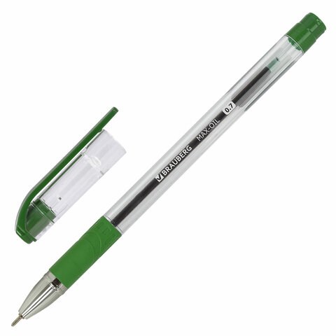Ручка шариковая масляная с грипом BRAUBERG "Max-Oil", ЗЕЛЕНАЯ, игольчатый узел 0,7 мм, линия письма 0,35 мм, 142144 142144 - фото 325037
