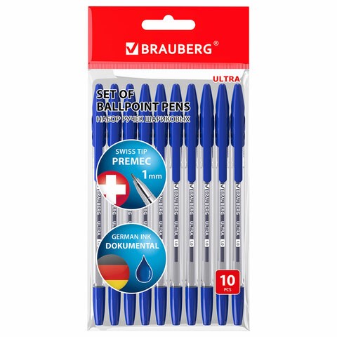 Ручки шариковые BRAUBERG "ULTRA", СИНИЕ, НАБОР 10 штук, корпус прозрачный, узел 1 мм, 143570 143570 - фото 325340