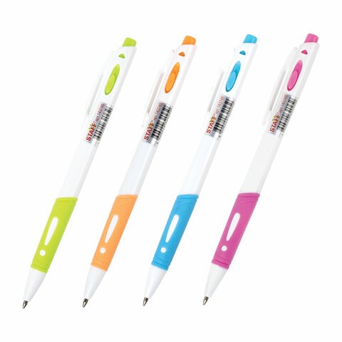 Ручка шариковая автоматическая с грипом STAFF BP-16 White, СИНЯЯ, ассорти, линия письма 0,35 мм, 143749 143749 - фото 325415