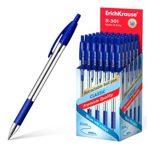 Ручка шариковая автоматическая с грипом ERICH KRAUSE "R-301 Classic", СИНЯЯ, 1,0 мм, линия письма 0,5 мм, 46758 143895 - фото 325494