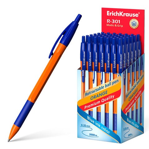 Ручка шариковая автоматическая с грипом ERICH KRAUSE "R-301 Orange", СИНЯЯ, узел 1,0 мм, линия письма 0,35 мм, 46762 143896 - фото 325495