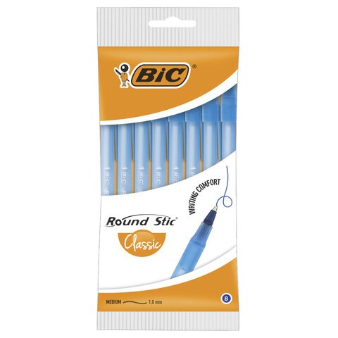 Ручки шариковые BIC Round Stic, НАБОР 8 шт., СИНИЕ, узел 1 мм, линия письма 0,32 мм, пакет, 928497 143976 - фото 325558