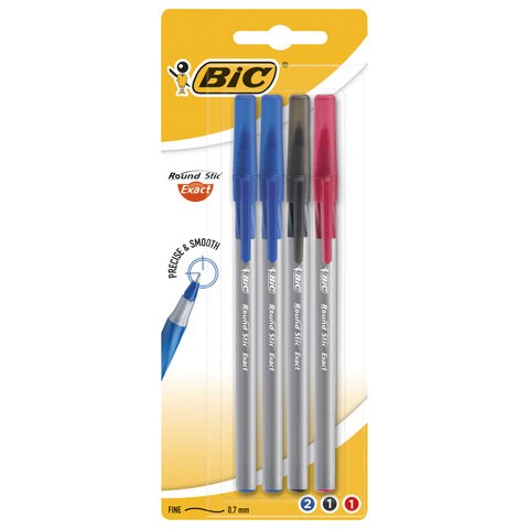 Ручки шариковые с грипом BIC "Round Stic Exact", НАБОР 4 шт./3 ЦВЕТА (синий, черный, красный), линия письма 0,28 мм, блистер, 932858 143979 - фото 325561