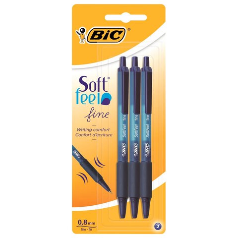 Ручки шариковые автоматические с грипом BIC "Soft Feel Fine", НАБОР 3 шт., линия письма 0,8 мм, блистер, 893221 143983 - фото 325565