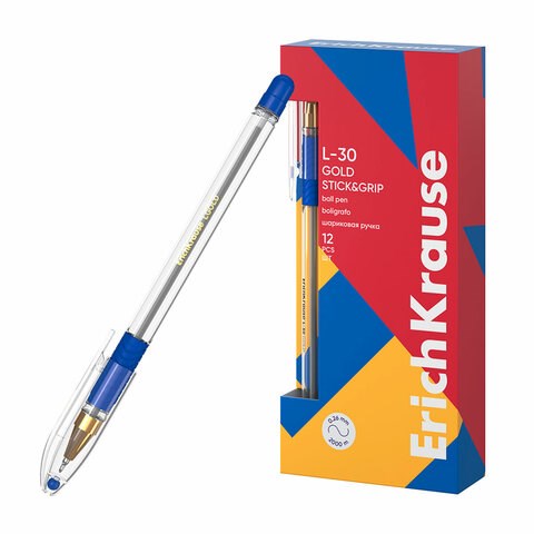 Ручка шариковая масляная с грипом ERICH KRAUSE "L-30" Gold Stick&Grip, СИНЯЯ, 0,7 мм, линия 0,26 мм, 61041 144514 - фото 325701