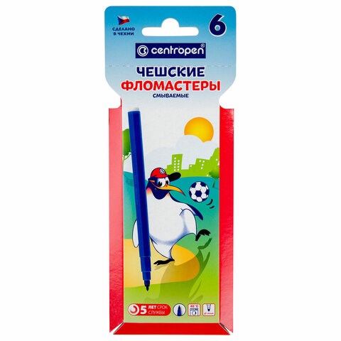 Фломастеры 6 ЦВЕТОВ CENTROPEN "Пингвины", смываемые, вентилируемый колпачок, 7790/6ET, 7 7790 0686 150054 - фото 325702