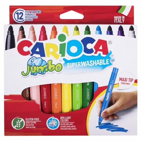 Фломастеры утолщенные CARIOCA "Jumbo", 12 цветов, суперсмываемые, вентилируемый колпачок, картонная упаковка, 40569 150159 - фото 325710