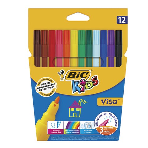 Фломастеры BIC "Kids Visa", 12 ЦВЕТОВ, суперсмываемые, вентилируемый колпачок, европодвес, 889695, 888695 150357 - фото 325720