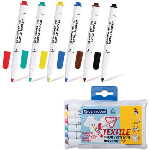 Маркеры для ткани 6 ЦВЕТОВ CENTROPEN "Textile Marker", круглый наконечник, 1,8 мм, 2739/6, 5 2739 0610 150569 - фото 325745