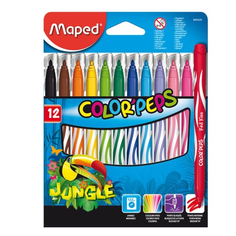 Фломастеры MAPED (Франция) "Color'Peps Jungle", 12 цветов, смываемые, вентилируемый колпачок, 845420 150760 - фото 325784