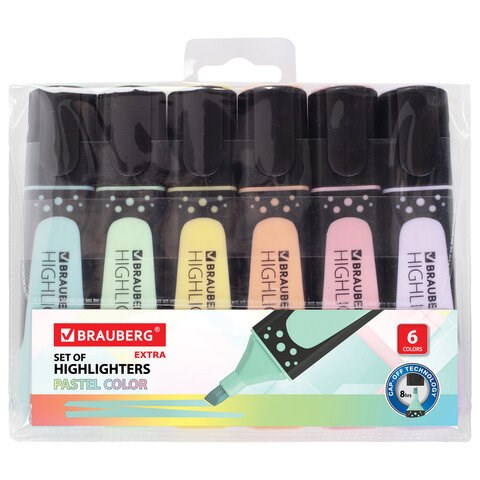 Набор текстовыделителей BRAUBERG 6 шт., АССОРТИ, EXTRA PASTEL, прорезиненный корпус, линия 1-5 мм, 151757 151757 - фото 326002