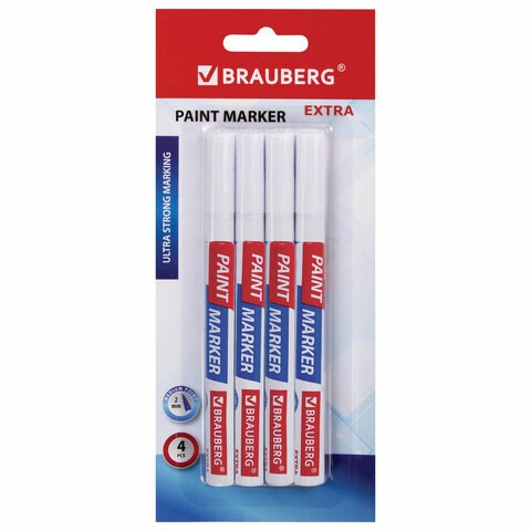 Маркер-краска лаковый EXTRA (paint marker) 2 мм, БЕЛЫЕ, НАБОР 4 шт., УСИЛЕННАЯ НИТРО-ОСНОВА, BRAUBERG, 151995 151995 - фото 326045