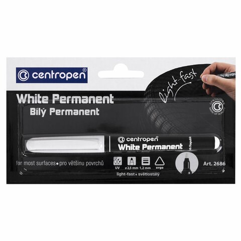 Маркер перманентный БЕЛЫЙ CENTROPEN, круглый наконечник, 1,2 мм, блистер, 2686, 5 2686 6000 152037 - фото 326061