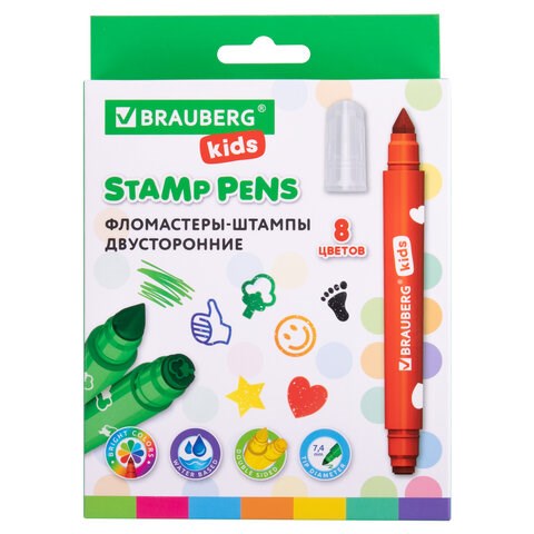 Фломастеры-штампы двусторонние FUNNY STAMPS, 8 цветов, BRAUBERG KIDS, картонная коробка с европодвесом, 152179 152179 - фото 326101