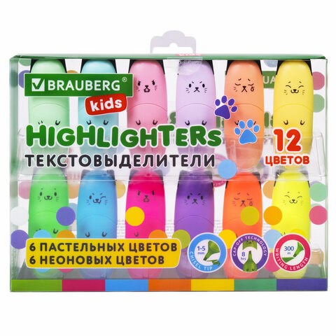 Набор текстовыделителей мини 12 ЦВЕТОВ BRAUBERG KIDS "CUTE CATS", линия 1-5 мм, 152437 152437 - фото 326160