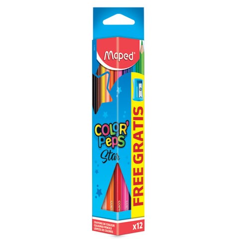 Карандаши цветные MAPED (Франция) "Color'Peps Star", 12 цветов + ТОЧИЛКА, трехгранные, грифель 3 мм, натуральное дерево,183213 180770 - фото 326400