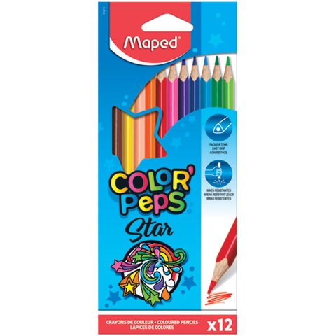 Карандаши цветные MAPED (Франция) "Color'Peps Star", 12 цветов, трехгранные, грифель 3 мм, натуральное дерево, 183212 180880 - фото 326409