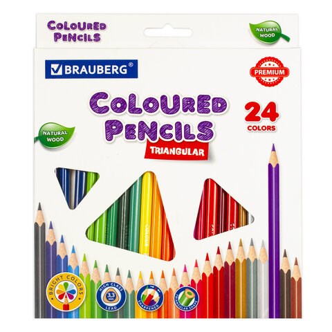 Карандаши цветные BRAUBERG PREMIUM, 24 цвета, трехгранные, грифель 3,3 мм, натуральное дерево, 181653 181653 - фото 326500