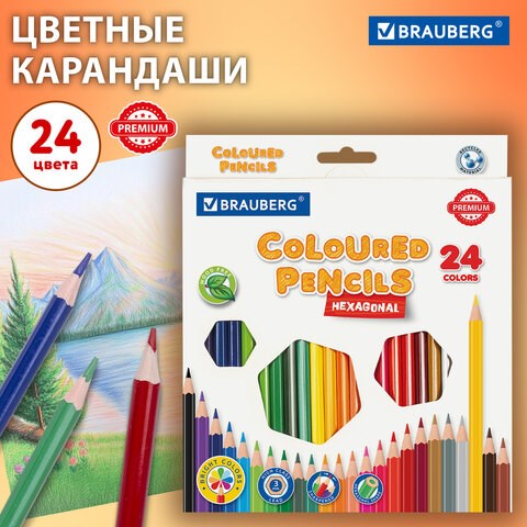 Карандаши цветные BRAUBERG PREMIUM, 24 цвета, шестигранные, грифель 3 мм, 181668 181668 - фото 326508