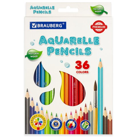 Карандаши цветные акварельные BRAUBERG PREMIUM AQUARELLE, 36 цветов, трехгранные, утолщенный грифель 4 мм, натуральное дерево, 181674 181674 - фото 326513