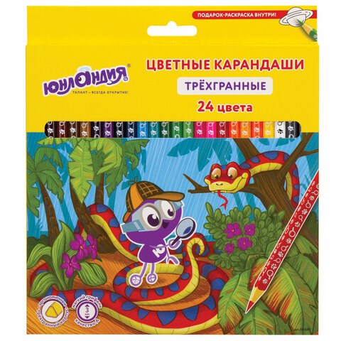 Карандаши цветные ЮНЛАНДИЯ "ЮНЛАНДИК-ДЕТЕКТИВ", 24 цвета, с РАСКРАСКОЙ, трехгранные, грифель 3 мм, натуральное дерево, 181682 181682 - фото 326514