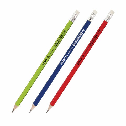 Карандаш чернографитный STAFF Basic BLP-744, 1 шт., НВ, с ластиком, пластик, корпус ассорти, 181744 181744 - фото 326536