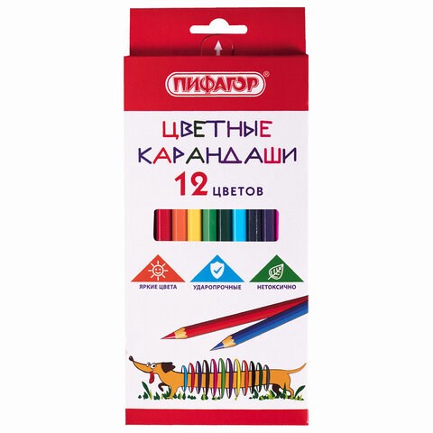 Карандаши цветные ПИФАГОР "Веселая такса", 12 цветов, шестигранные, натуральное дерево, 181806 181806 - фото 326567