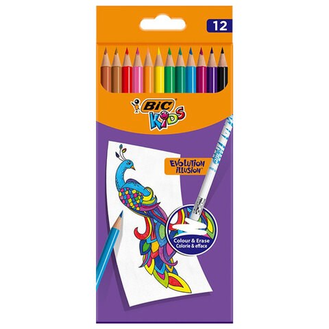 Карандаши цветные стираемые с ластиком BIC "Kids Evolution Illusion", 12 цветов, круглые, 987868 181846 - фото 326573
