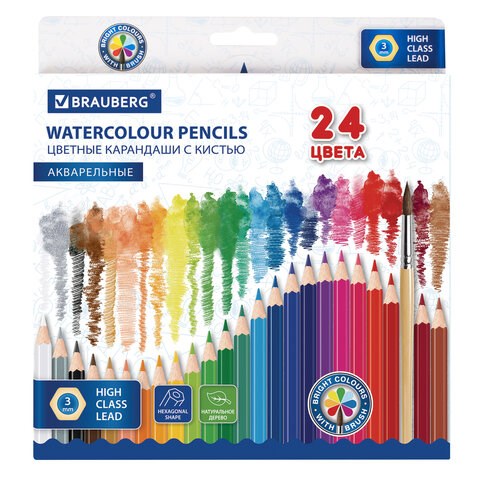 Карандаши цветные акварельные BRAUBERG 24 цвета с КИСТЬЮ, шестигранные, грифель 3 мм, натуральное дерево, 181849 181849 - фото 326575