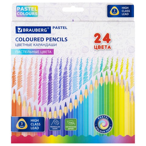 Карандаши цветные BRAUBERG PASTEL, 24 пастельных цвета, трехгранные, грифель 3 мм, натуральное дерево, 181851 181851 - фото 326577