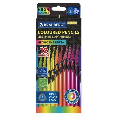 Карандаши цветные BRAUBERG NEON, 12 неоновых цветов, трехгранные, грифель 3 мм, черное дерево, 181852 181852 - фото 326578
