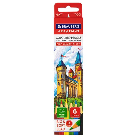 Карандаши цветные мягкие BRAUBERG АКАДЕМИЯ, 6 цветов, шестигранные, грифель 3 мм, натуральное дерево, 181863 181863 - фото 326586