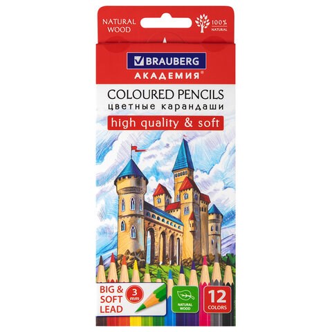 Карандаши цветные мягкие BRAUBERG АКАДЕМИЯ, 12 цветов, шестигранные, грифель 3 мм, натуральное дерево, 181864 181864 - фото 326587