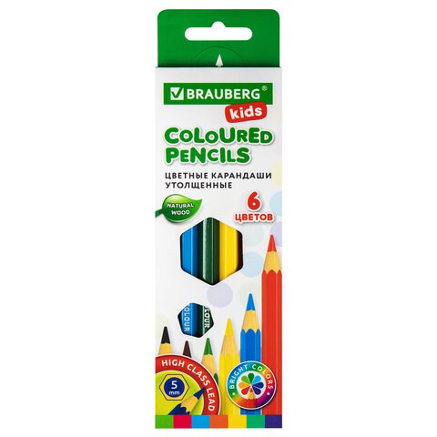 Карандаши цветные утолщенные BRAUBERG KIDS, 6 цветов, шестигранные, грифель 5 мм, натуральное дерево, 181877 181877 - фото 326594