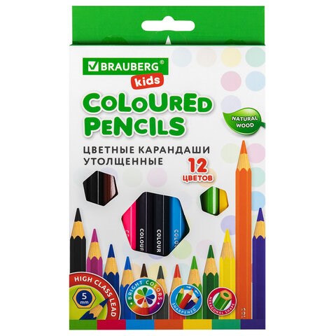 Карандаши цветные утолщенные BRAUBERG KIDS, 12 цветов, шестигранные, грифель 5 мм, натуральное дерево, 181878 181878 - фото 326595