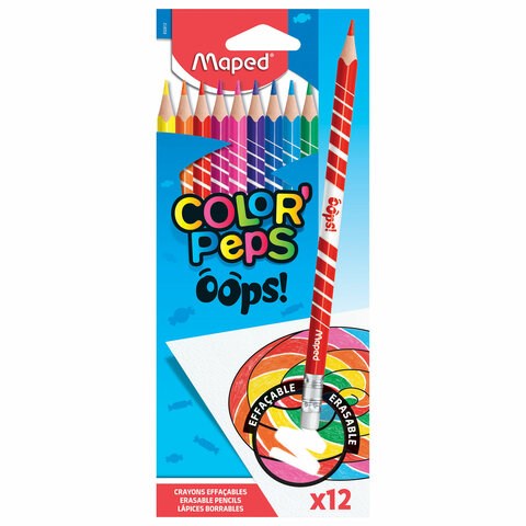 Карандаши цветные стираемые с ластиком MAPED (Франция) "Color'Peps Oops", 12 цветов, трехгранные, 832812 182116 - фото 326671