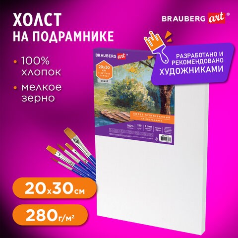 Холст на подрамнике BRAUBERG ART DEBUT, 20х30см, 280 г/м2, грунт, 100% хлопок, мелкое зерно, 191641 191641 - фото 326885