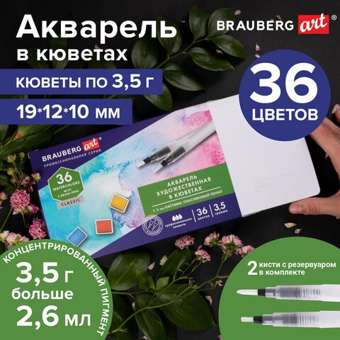 Акварель художественная кюветы НАБОР 36 цветов по 3,5 г, пластиковый кейс, BRAUBERG ART CLASSIC, 191771 191771 - фото 326961