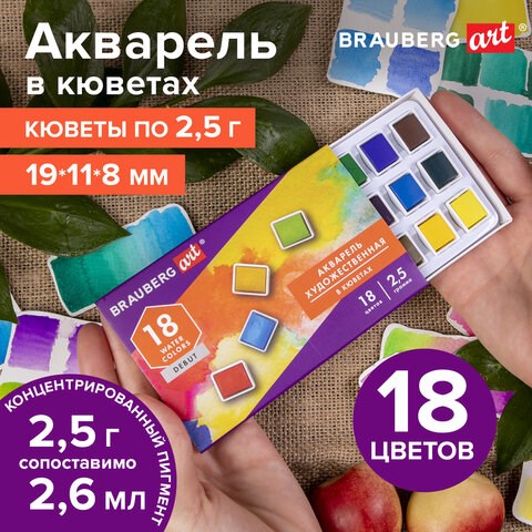 Акварель художественная в кюветах НАБОР 18 цветов по 2,5 г, BRAUBERG ART DEBUT, 191777 191777 - фото 326967