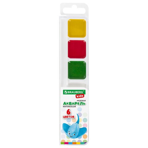Краски акварельные BRAUBERG KIDS, медовые, 6 цветов, квадратные кюветы, пластиковый пенал, 192281 192281 - фото 327037