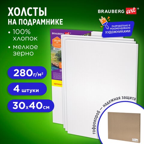 Холсты на подрамнике в коробе НАБОР 4 шт. (30х40 см), 280 г/м2, грунт, 100% хлопок, BRAUBERG ART DEBUT, 192511 192511 - фото 327136